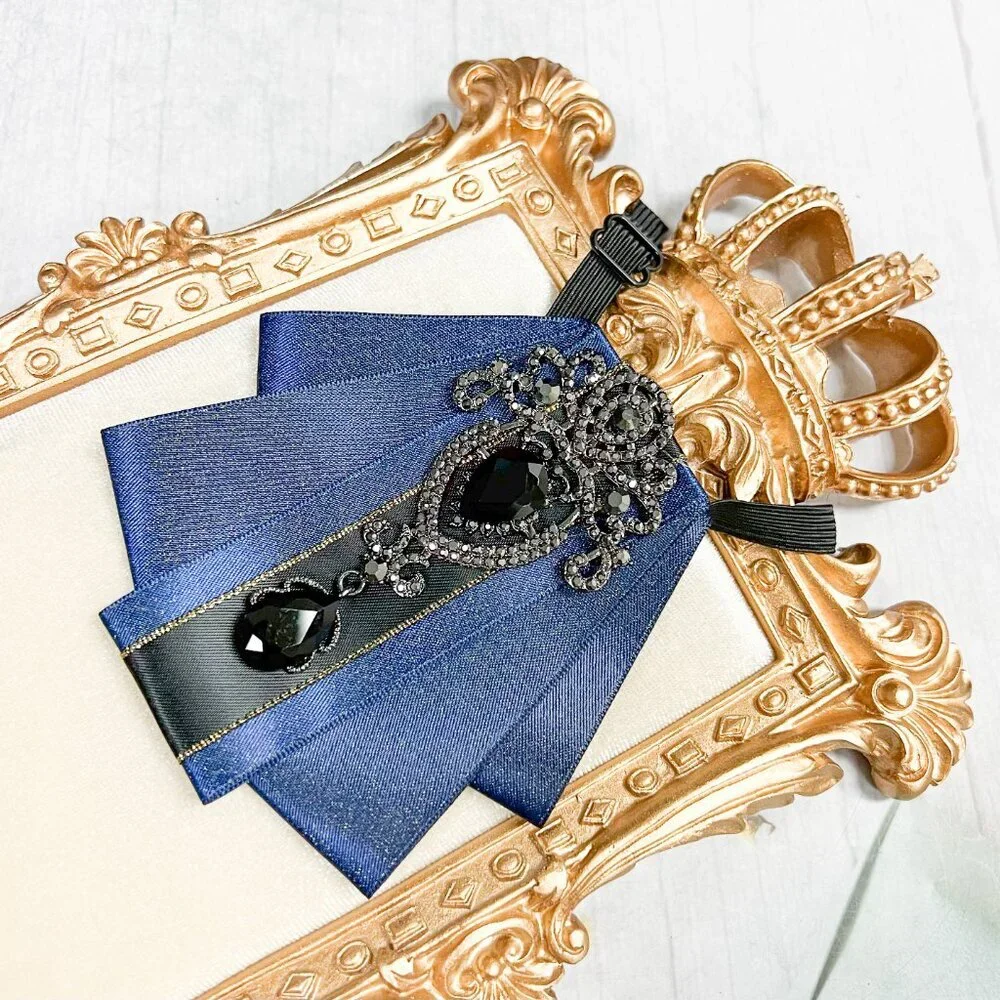 Blue crystal bowtie, Kid's Necktie, Black Crystal Brooch, Kids Size, 2 in 1